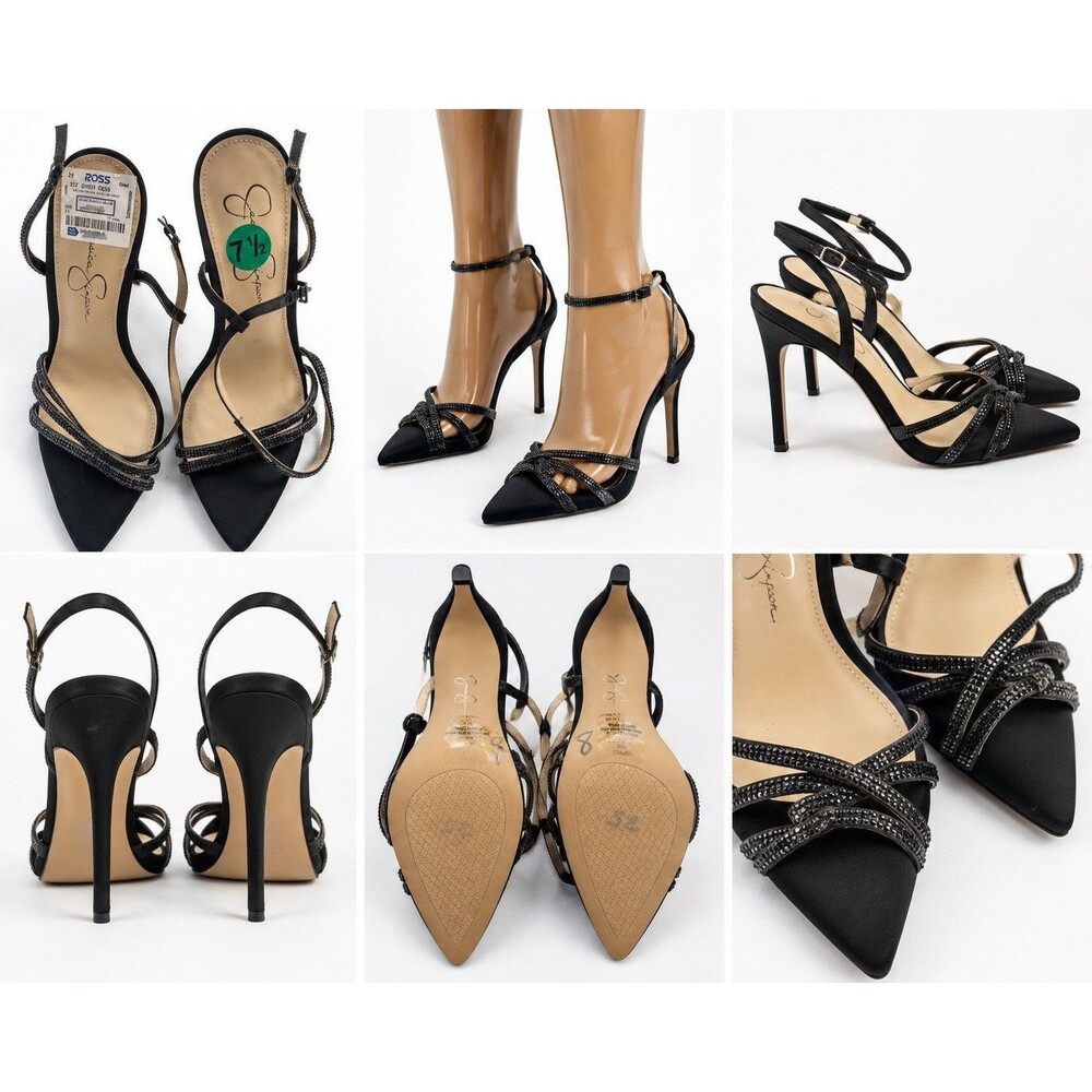 Jessica Simpson Women’s Black Strappy Ankle Strap Stiletto Heel 7.5 Rhinestone